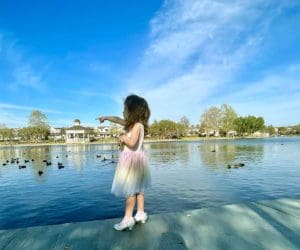 A young girl points out at ducks swimming on a lovely pond in Temecula.