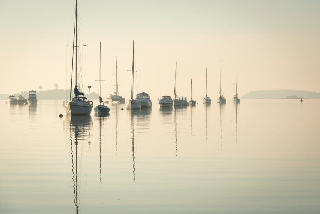 Several sail boats rest in the misty waters off-shore from Nova Scotia.